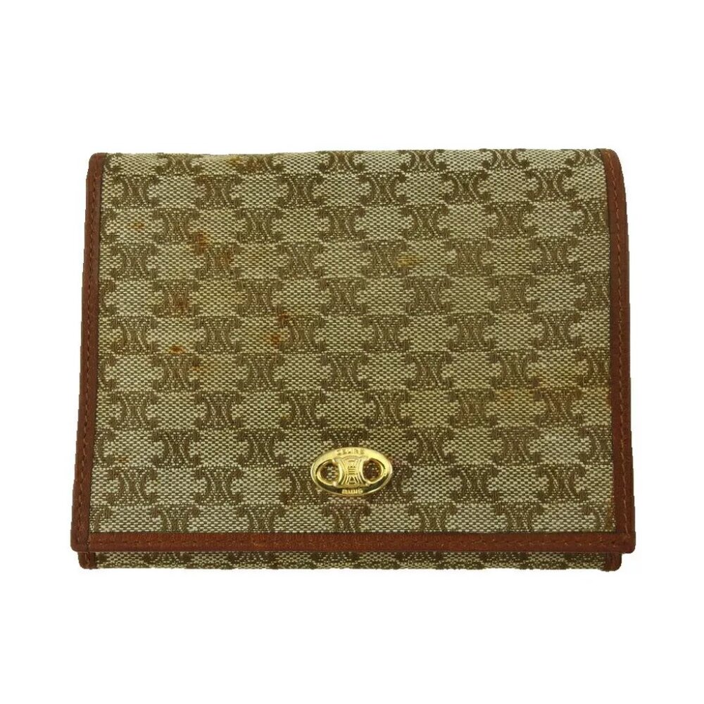 Celine Bi -fold Wallet Macadam Beige Canvas x Leather Authentic USED